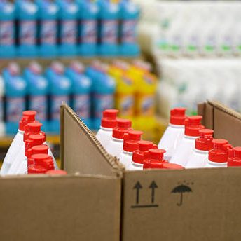 Cardboard boxes with household cleaning products
